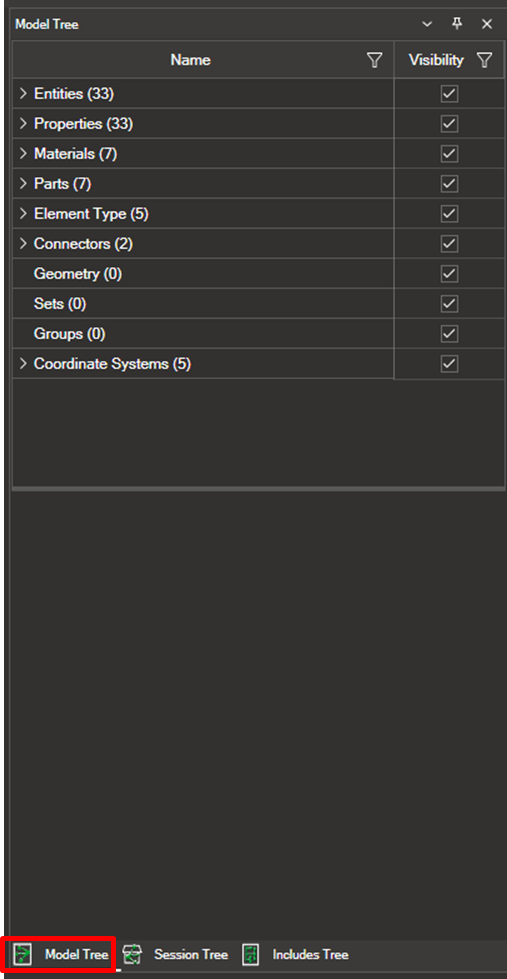 The Model Tree panel with its top-level attribute categories