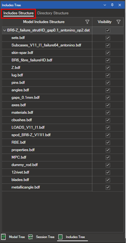 Includes Structure tab showing the logical include hierarchy