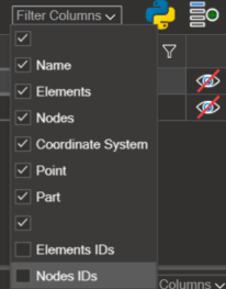 Filter Columns drop-down with the Elements IDs and Nodes IDs columns disabled by default